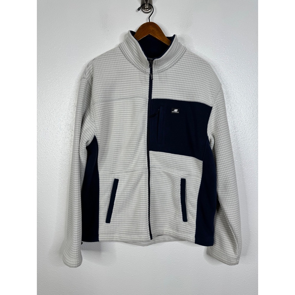 New Balance Mens Grid Waffle Fleece Full Zip Jacket Cream Navy Blue Size M
